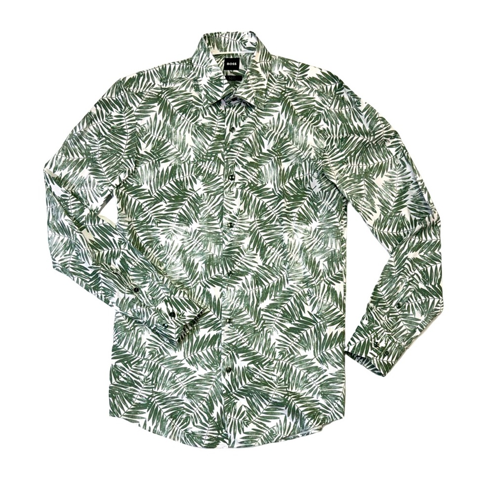 NEW Boss mens 15 38 S slim fit stretch green floral print button up dress shirt